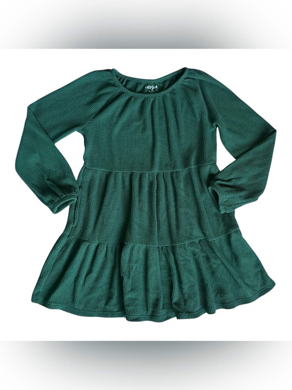 Cat & Jack 7/8 Girls Green Tiered Long Sleeve Dress  pockets Holiday Christmas